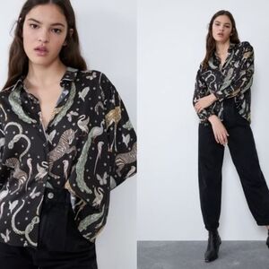 Zara Black Animal Print Blouse Sz L